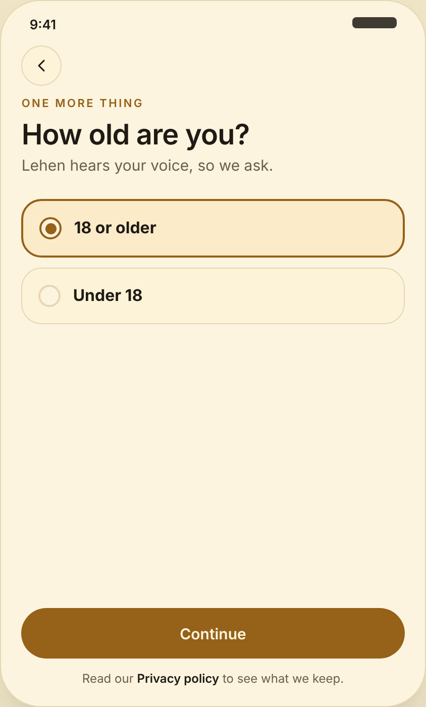 Onboarding step asking How old are you, with 18 or older selected.