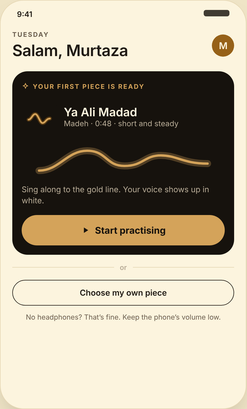 Lehen Home screen with a short madeh ready to practise and a Start practising button.