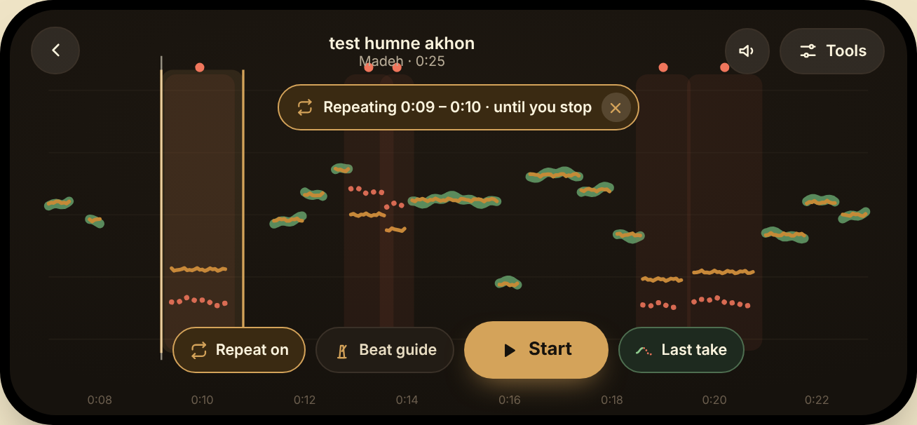 Practice screen with one phrase shaded and a banner: Repeating 0:09 to 0:10 until you stop.