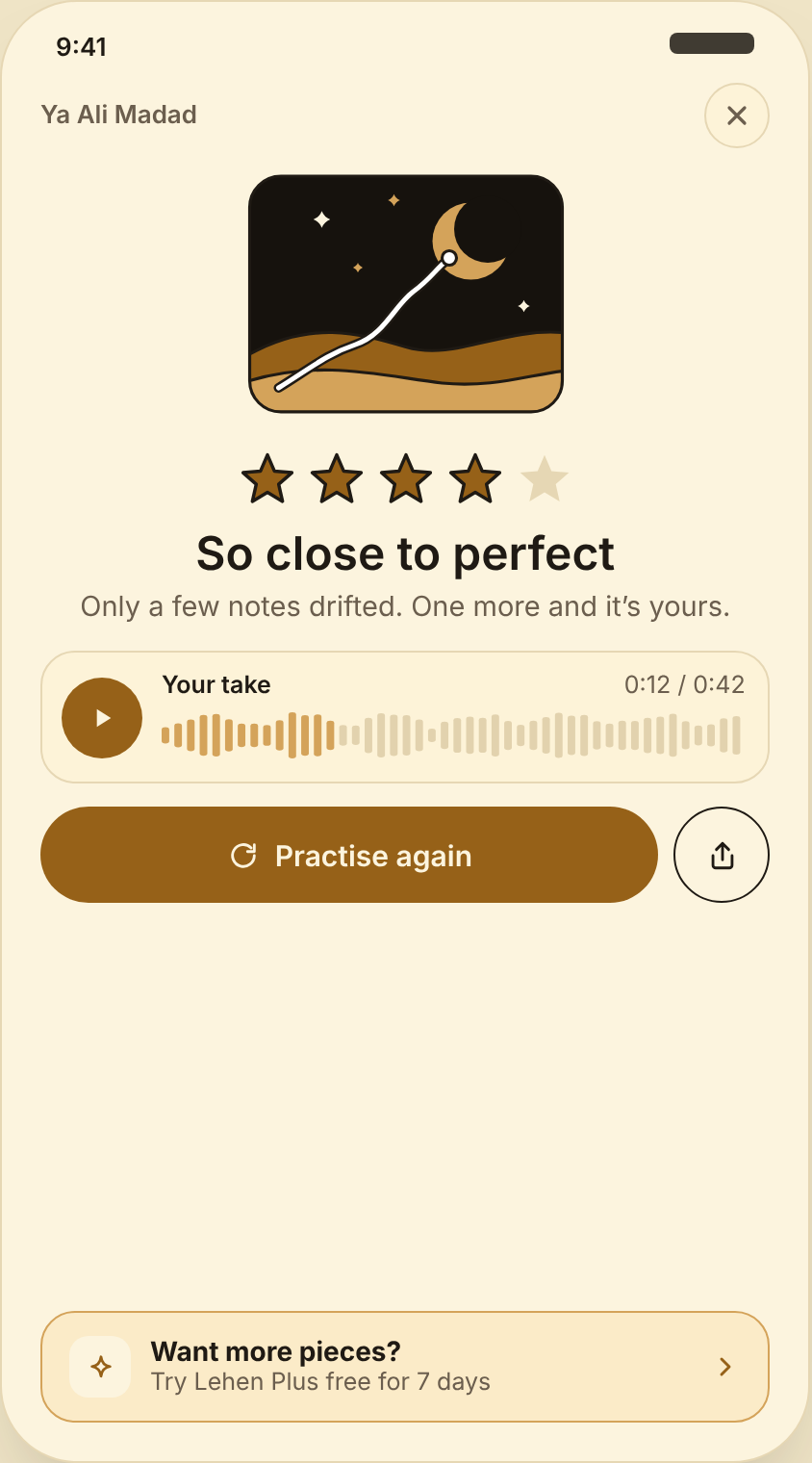 Result screen with four stars, the words So close to perfect, and a player to hear your take.